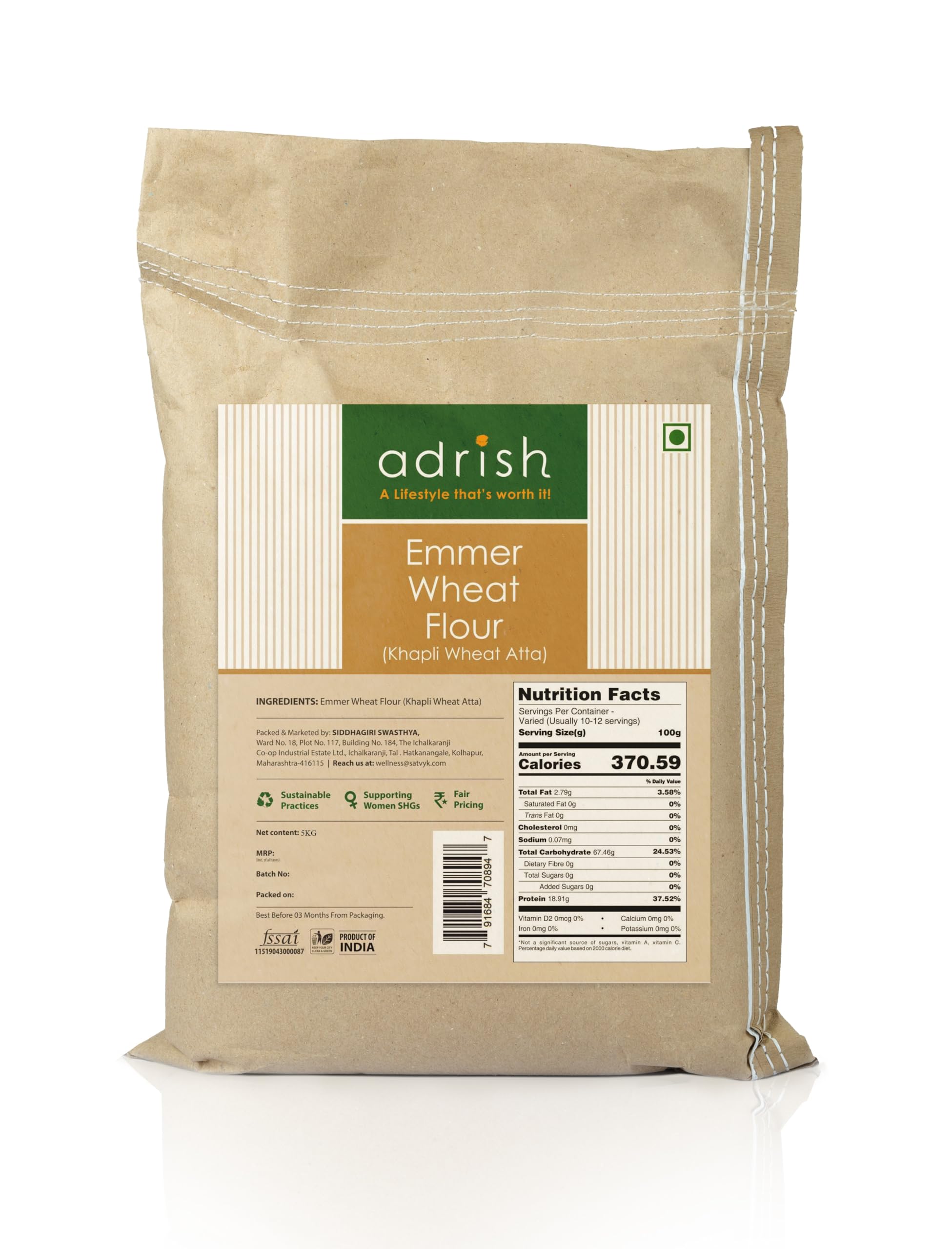 Adrish Zerowaste Organic Khapli Wheat Flour (5kg) - Stoneground Khapli Aata | Easy to Digest Emmer Wheat Flour | Fiber Rich Whole Wheat Flour | Fresh Khapli Aata (B099PM7GVL) Amazon Price History, Amazon Price Tracker