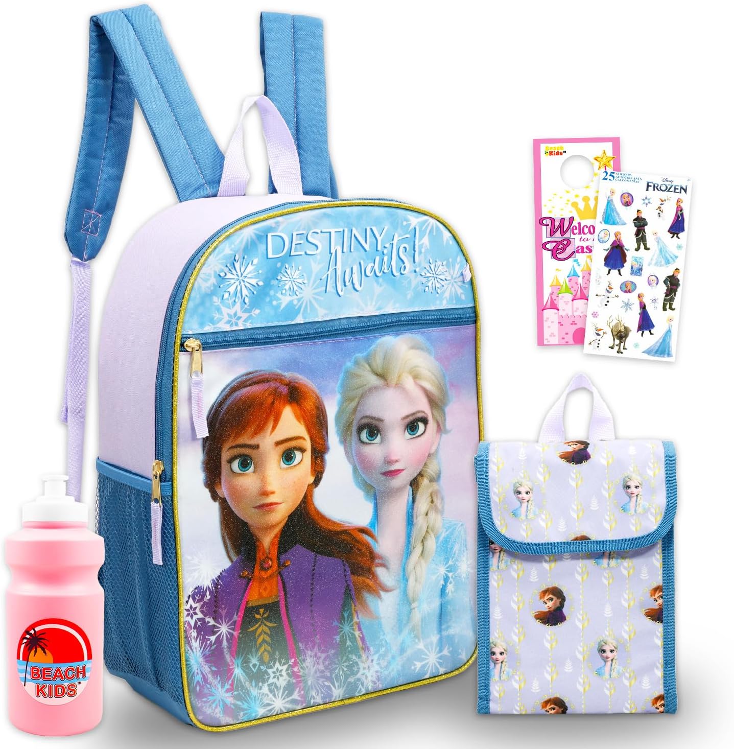 Disney Frozen Backpack with Lunch Box Set - 4 Pc Bundle of Anna & Elsa Bag, Lunch Bag, Water Bottle, Stickers, More | Frozen School Supplies for Kids