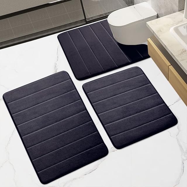 HOUYOMICS Bathroom Mat Bath Mat Set Ultra Soft Non Slip Memory Foam 3 Piece Bathroom Rug Super Absorbent Water Bathroom Floor Mat Machine Washable Toilet Mat- (Grey, 43 * 60+U50*60+50 * 80cm)
