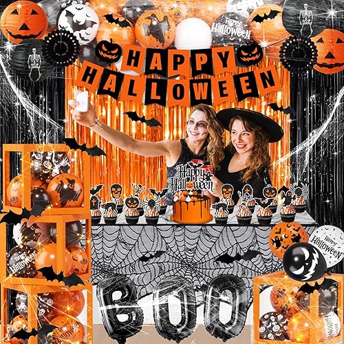 Miniatura 3 de Decoraciones de fiesta de Halloween, el kit de decoración de Halloween incluye cajas de globos de fantasma, mantel de telaraña, cortinas de aluminio