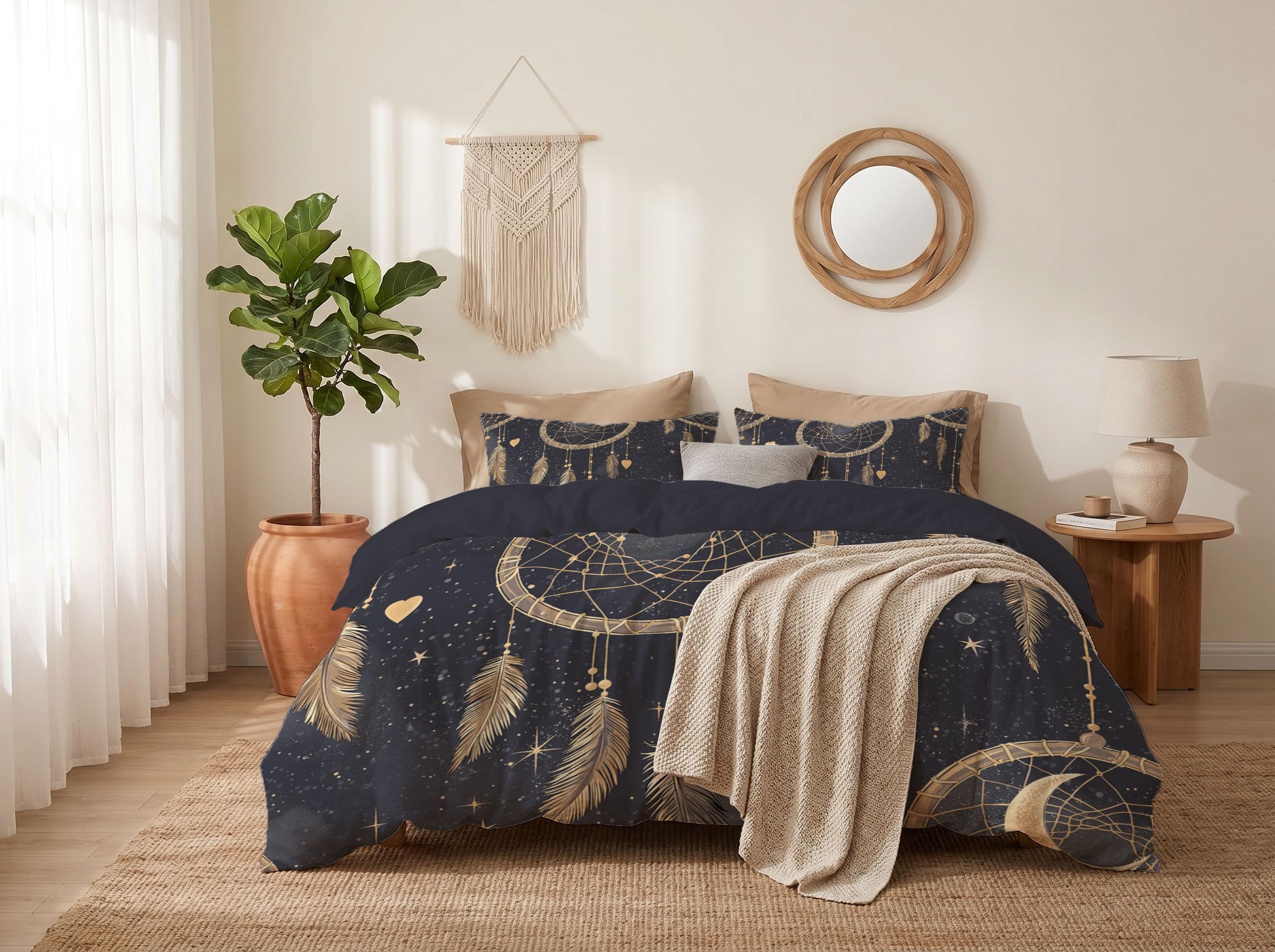 Wendebettwäsche 240X220 Anthrazitgrau Eleganter Traumfänger Sternenhimmel Schlafzimmer Bettwäsche 3Tlg, Bohemian Feathers Bettbezug Und 2 Kissenbezug, Weiche Mikrofaser Deckenbezug Mit Reißverschluss