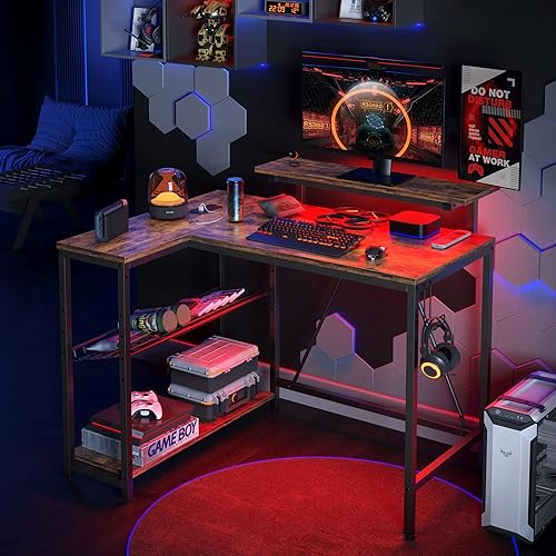 Miniatura 42 de Bestier Escritorio en forma de L de 58 L con tomas de corriente, escritorio esquinero para oficina en casa con estantes reversibles y luces LED,