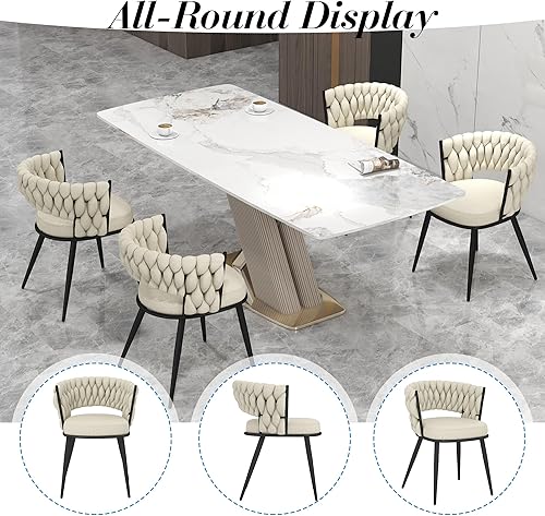 Miniatura 8 de Juego de 2 sillas de comedor tejidas de terciopelo, modernas sillas de comedor tejidas a mano con patas de metal dorado, sillas tapizadas con marco