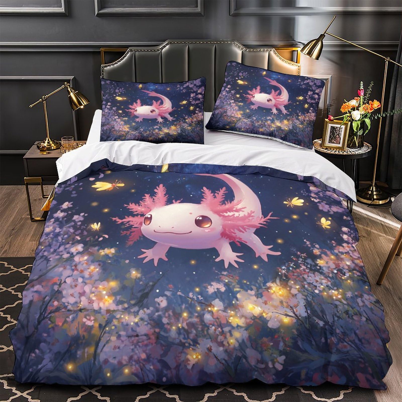 MMDASBVPE Cute Axolotl Comforter Cover 3D Print Machine Washable 3PCs Bed Linen Hidden Zipper fantasy Anime Quilt Cover Extra Soft Durable for Teens Youth Adults Women Kids Boys Single（135x200cm）