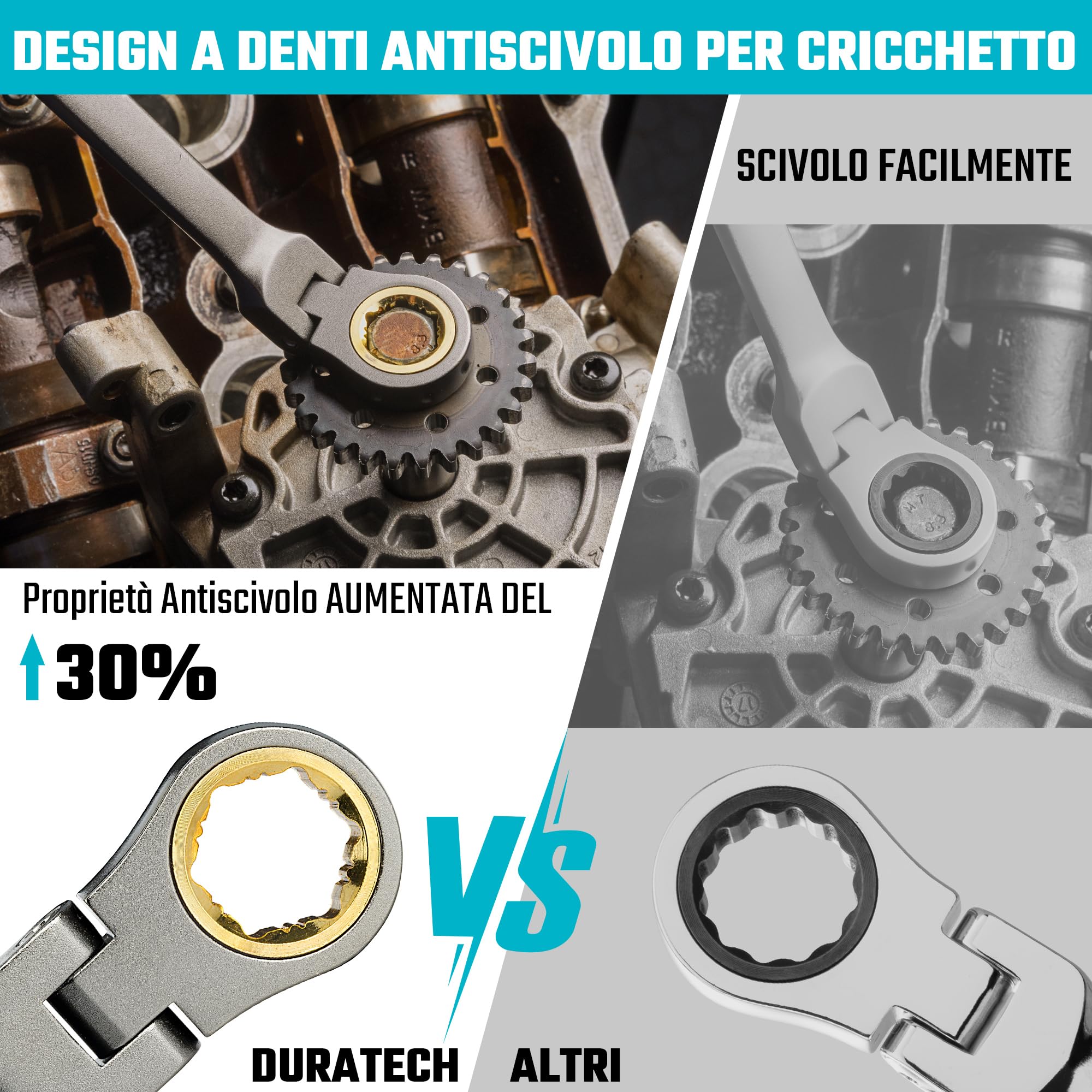 DURATECH Set di chiavi a cricchetto con testa flessibile antiscivolo, set di chiavi combinate, 12 pezzi, 72 denti, metrico, 8-19 mm, acciaio CR-V, organizzato in valigetta di stoccaggio