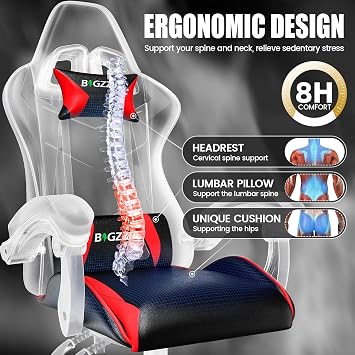 bigzzia Gaming Chair, Ergonomic Video Game Chairs with Pillow and Lumbar Support (Without Heated Cushion, Red)