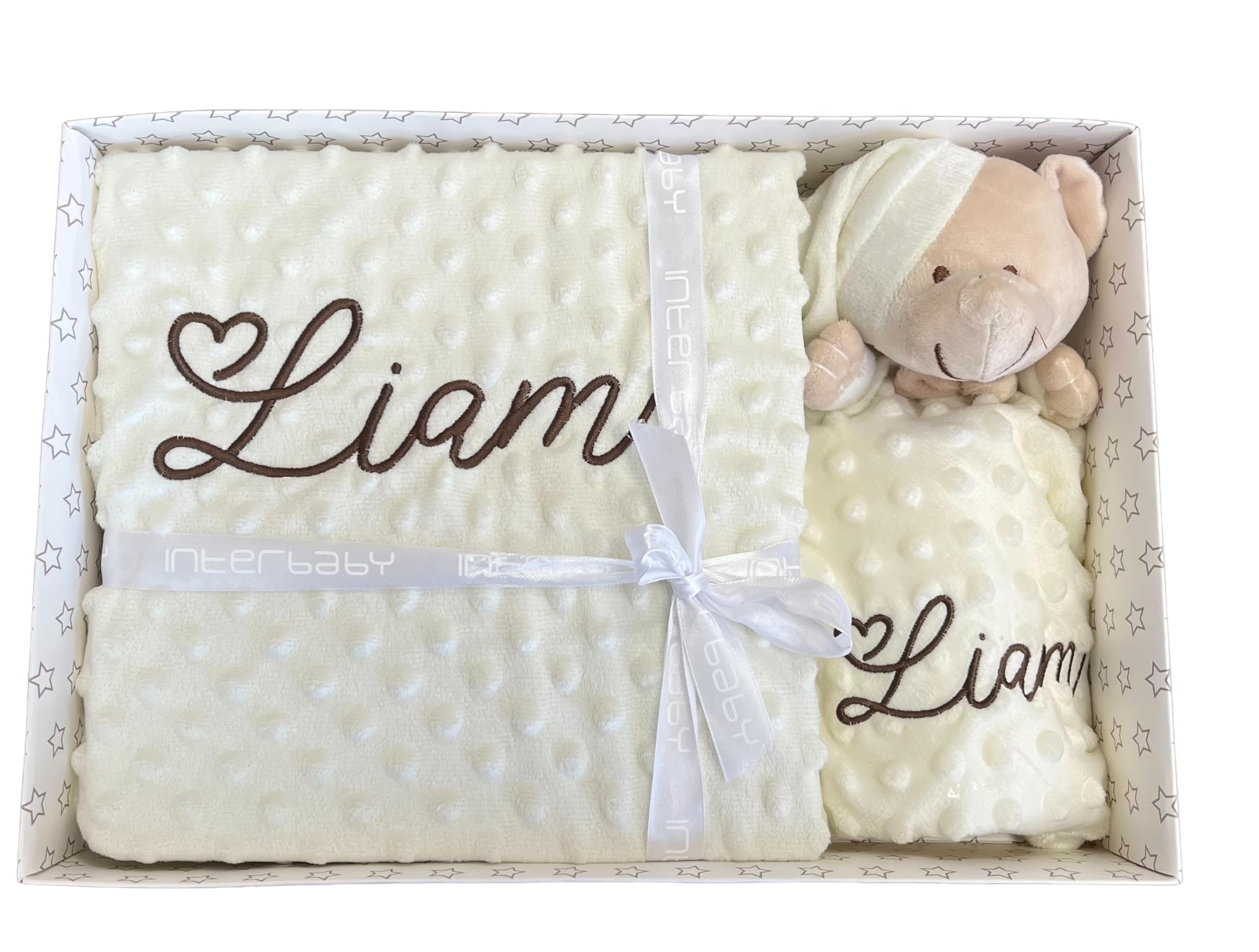 Danielstore Set de Manta Envolvente Bebé y Dou Dou Personalizado con Nombre Bordado Regalo para Recién Nacido Baby Shower Canastilla Bebé Recién Nacido