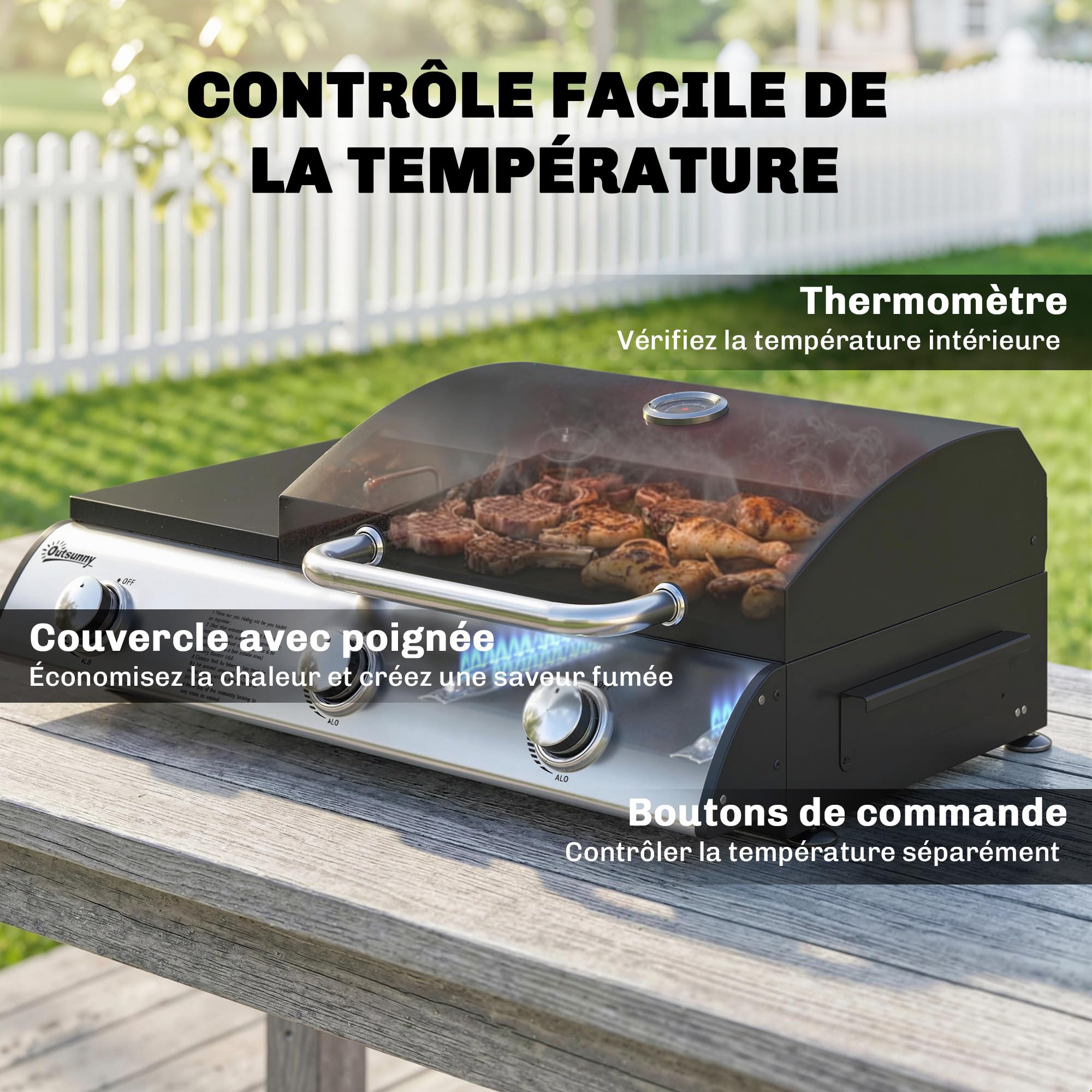 Outsunny Barbecue à Gaz de Table 3 Brûleurs - Combiné Gril et Plancha avec Couvercle et Thermomètre - 7,5 kW Portable pour Camping Balcon Terrasse - Surface de Cuisson 2224 cm², Noir