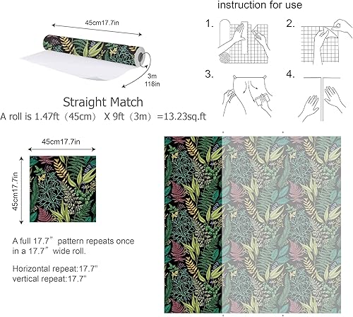 Miniatura 6 de Meihodan Papel tapiz autoadhesivo extraíble con diseño de hojas verdes, para cubrir paredes, 17.7 x 9.8 pies
