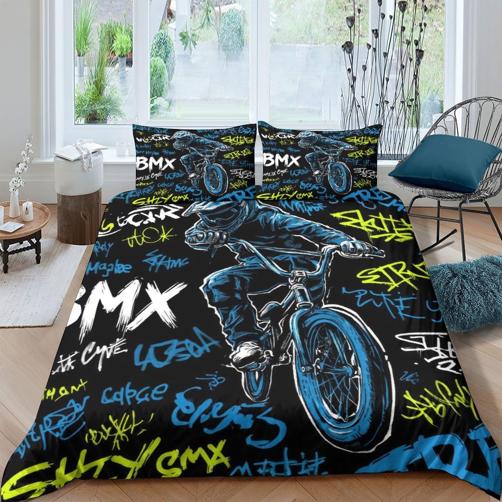 GPLZQXKJNH 3D Printed Graffiti BMX Duvet Cover Set Microfiber Soft Breathable Urban Street Style Bedding with 2 Pillowcases for Bedroom Single（135x200cm）