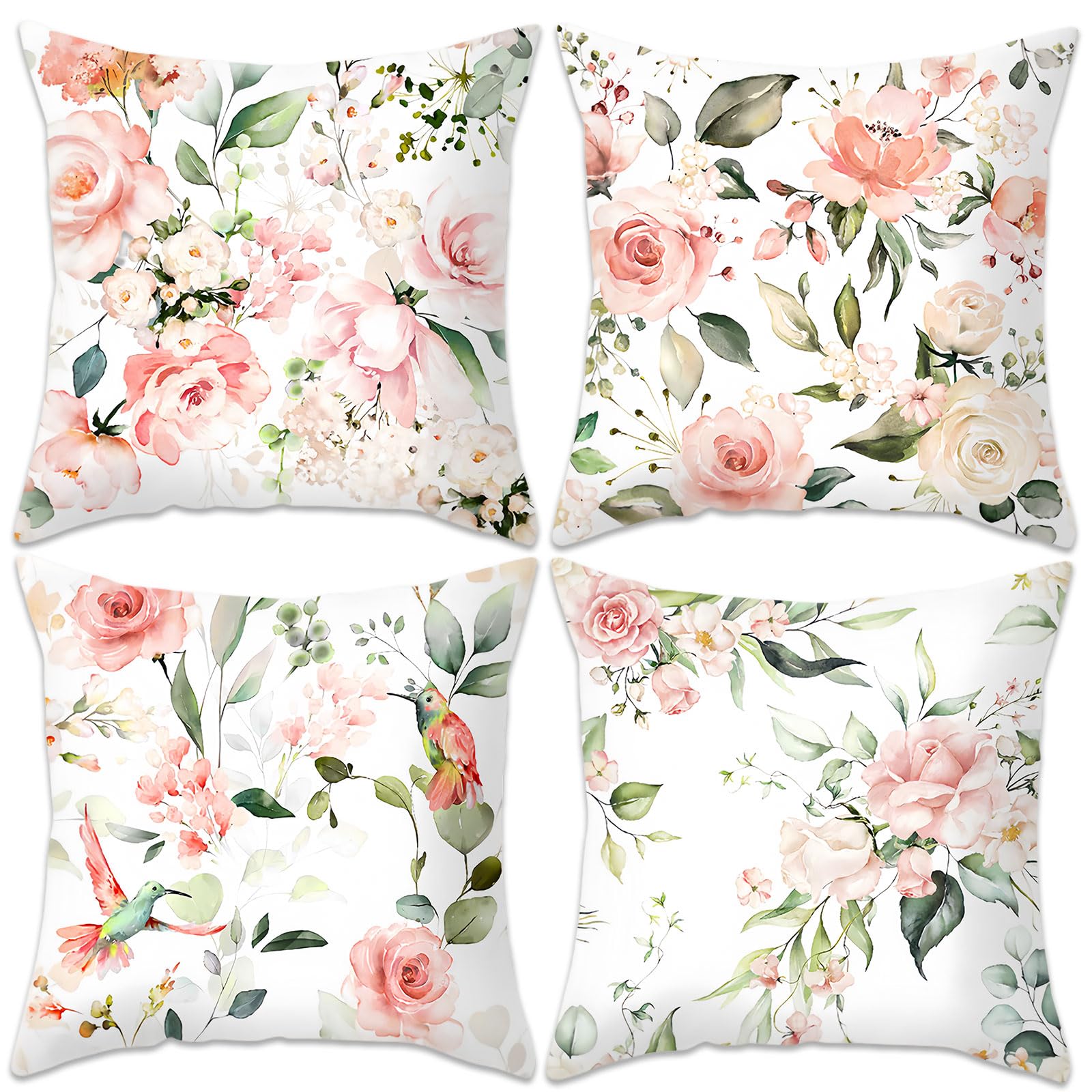Betadistor White Cushion Covers Set of 4 with Big Flowers Pattern Art Decorative Pillow Cases for Living Room Sofa Farmhouse Flowers