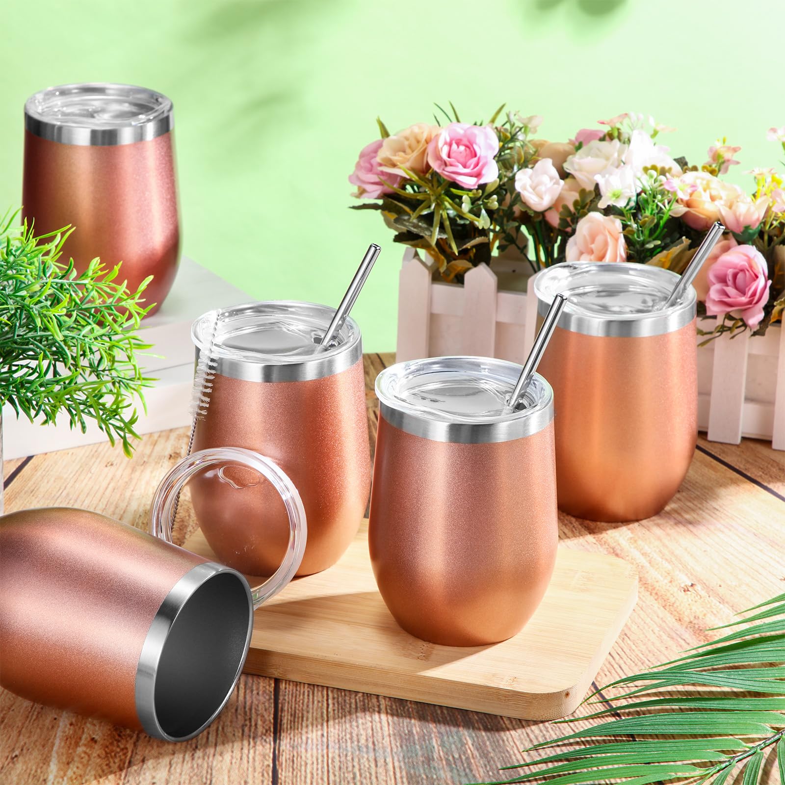 Sieral Isolierte Weingläser aus Edelstahl, 340 ml, mit Deckel und Strohhalmen, doppelwandig, Vakuum-Kaffeebecher für Hochzeit, Party, Mitarbeiter, Lehrer, Krankenschwester, Geschenke, Roségold, 40