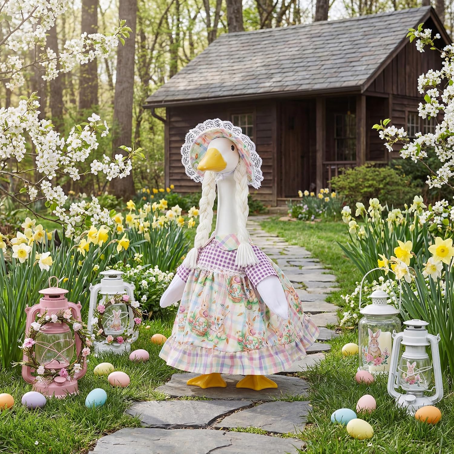 1 Set Easter Porch Goose Outfit with Bunny Eggs Carrot Hat and Dress Fits 23" Cement Plastic Goose Statue for Easter Holiday Outdoor Garden Yard Decor