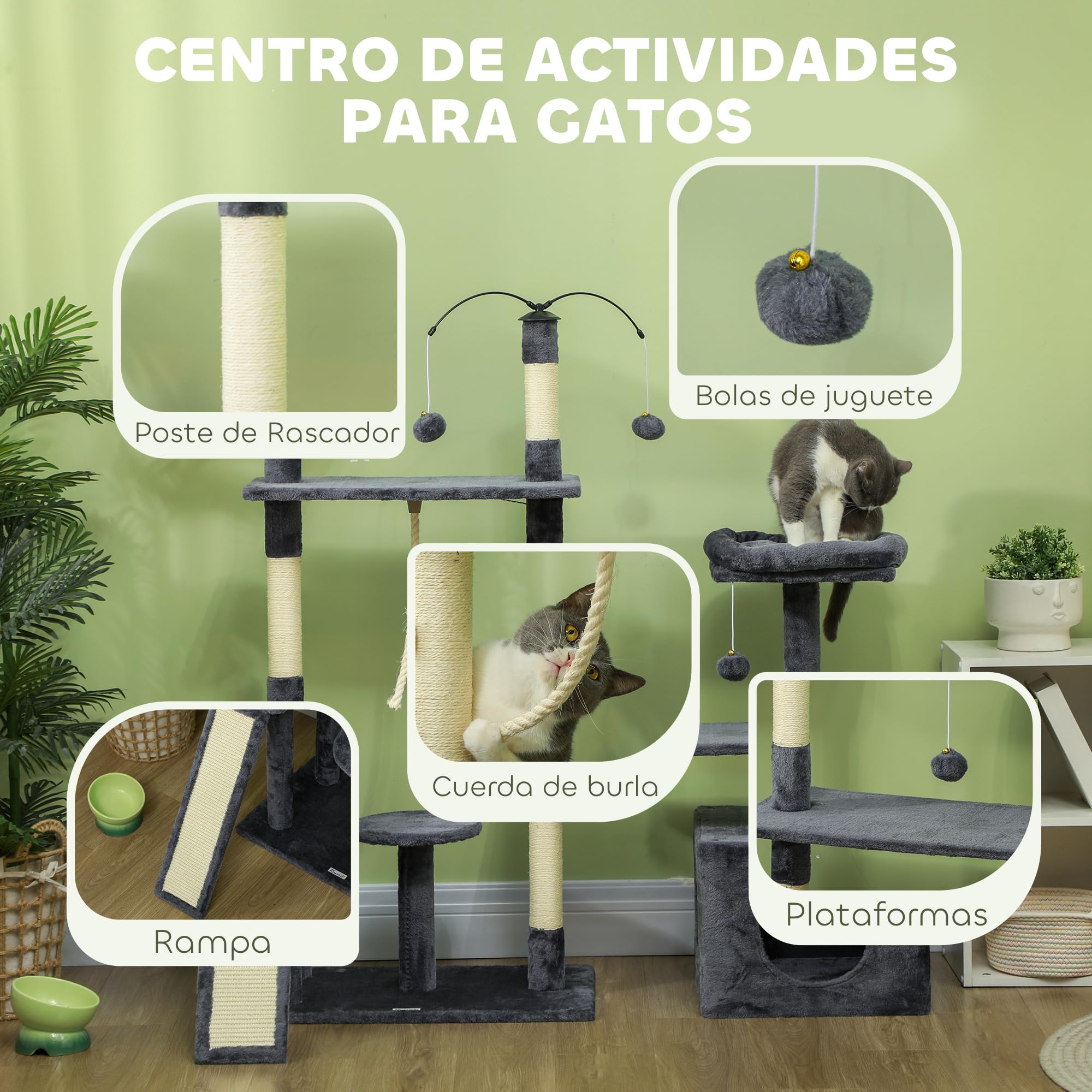 PawHut Árbol Rascador para Gatos 134 cm, Torre para Gatos Gris Oscuro | Rascador con Nidos Cueva, Plataformas, Bolas de Juguete, Postes de Sisal