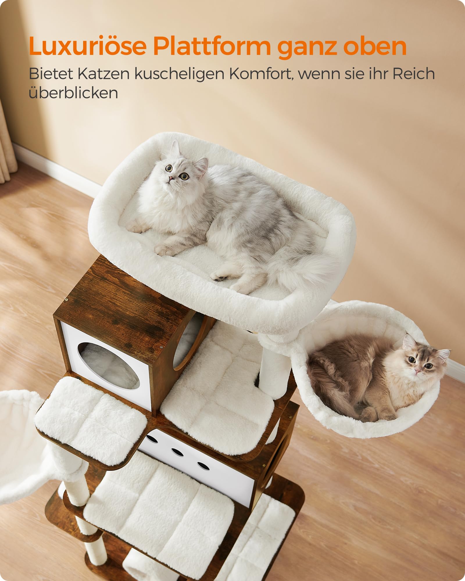 Feandrea Kratzbaum groß, 192 cm hoch, Katzenbaum XXL, modern, mehrstöckiges Katzenhaus mit 2 Höhlen, 2 Liegemulden, 4 Kratzstämmen, Katzenbürste, Tunnel, Plattformen, vintagebraun PCT193X01