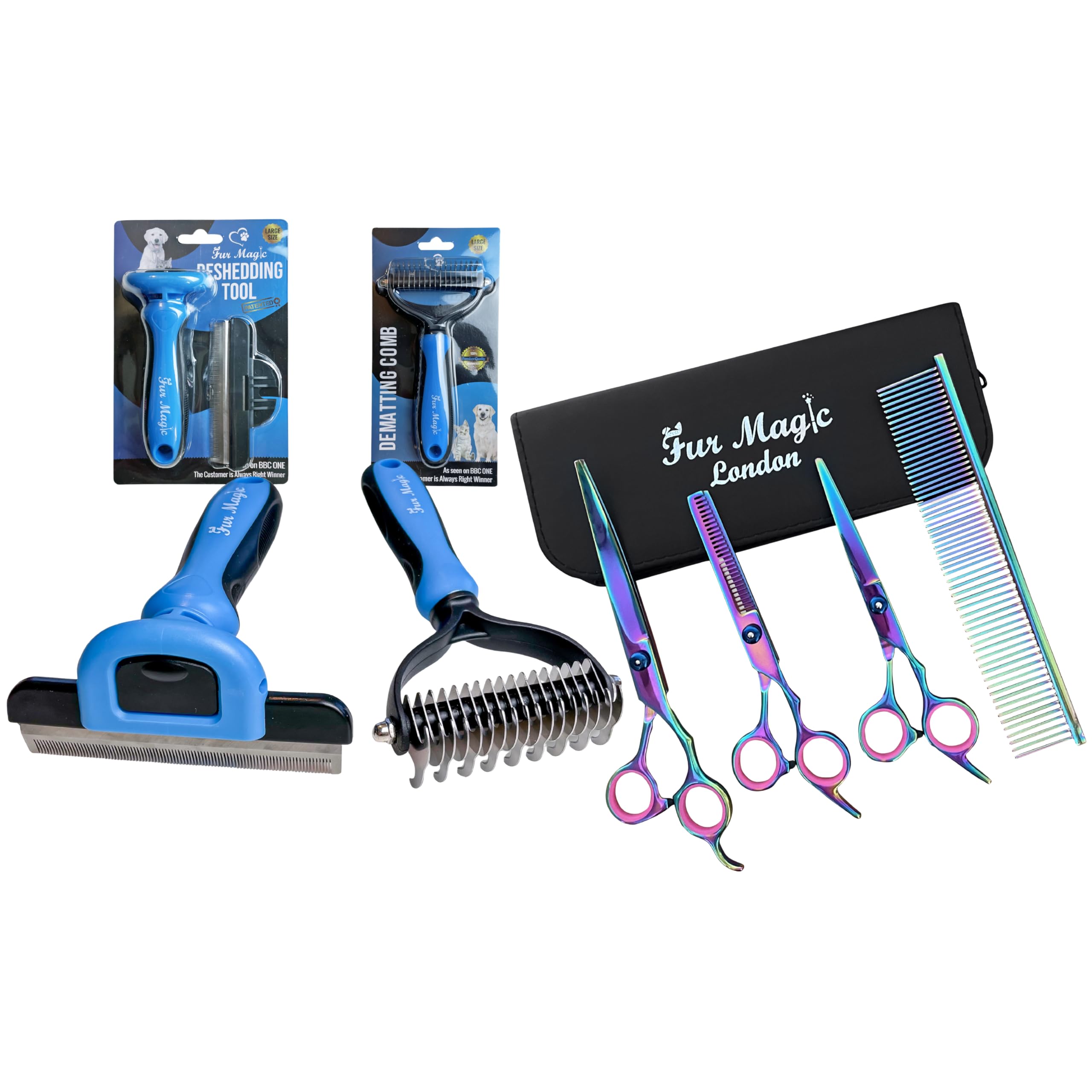 Fur Magic Deshedding Tool, Dematting Comb & Dog Grooming Scissors Set – Large Grooming Brushes, Four Scissors and Comb for Dogs, Cats and Horses – Reduce Shedding, Remove Mats and Loose Undercoat