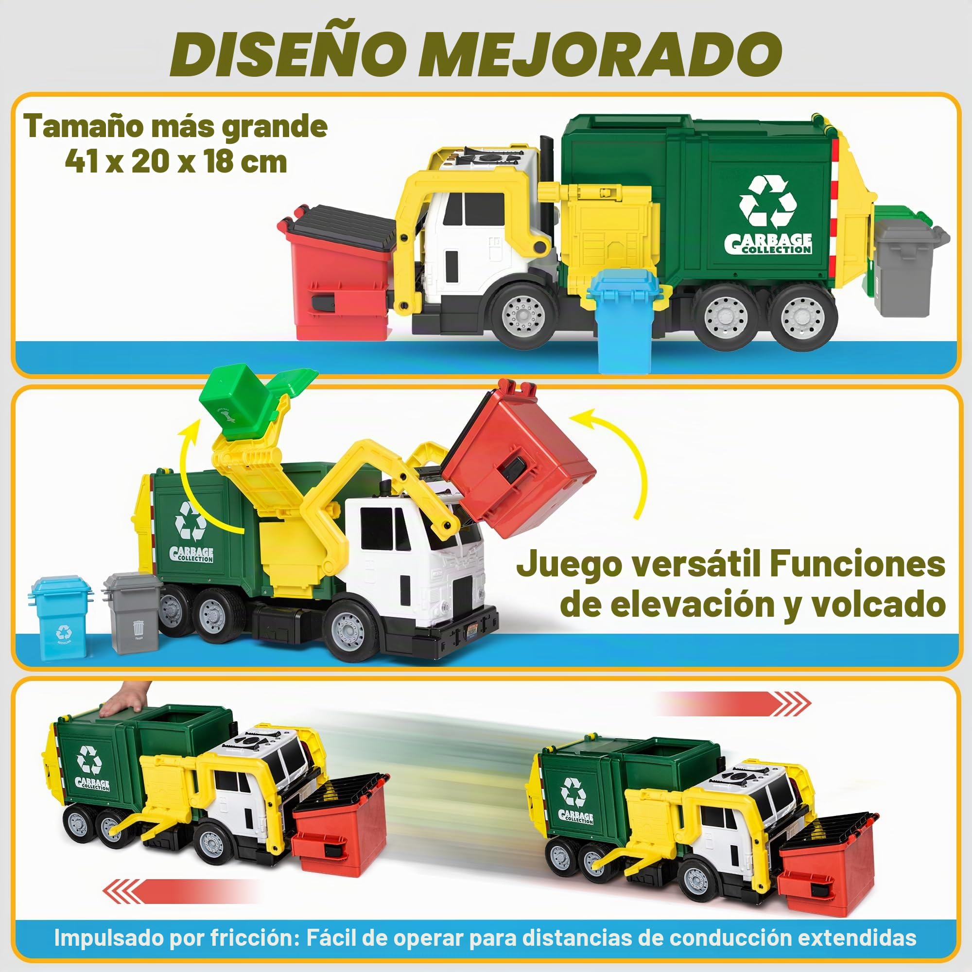 JOYIN Juguete para niños a Partir de 3 años, Camión de Basura de Tracción de Fricción Grande de 16 Pulgadas con Luces y Sonidos, Bote de Basura de Carga Frontal, Regalo para Niños(Verde)