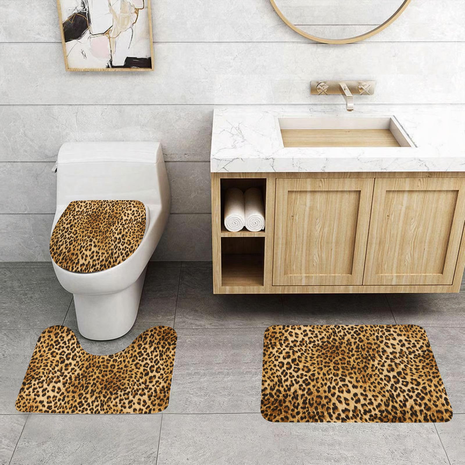Set di 3 tappetini da Bagno, Lavabili in Lavatrice e Antiscivolo, in Morbida Fibra Superfine, con Stampa Animalier, Motivo Leopardo (2 Pezzi)