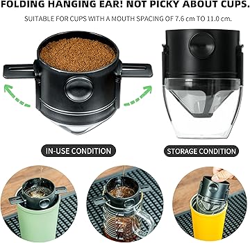NEOUZA Dripper de café con vaso aislado al vacío, filtro de acero inoxidable reutilizable, cafetera portátil plegable sin papel para camping, viajes (vaso verde + goteador)2