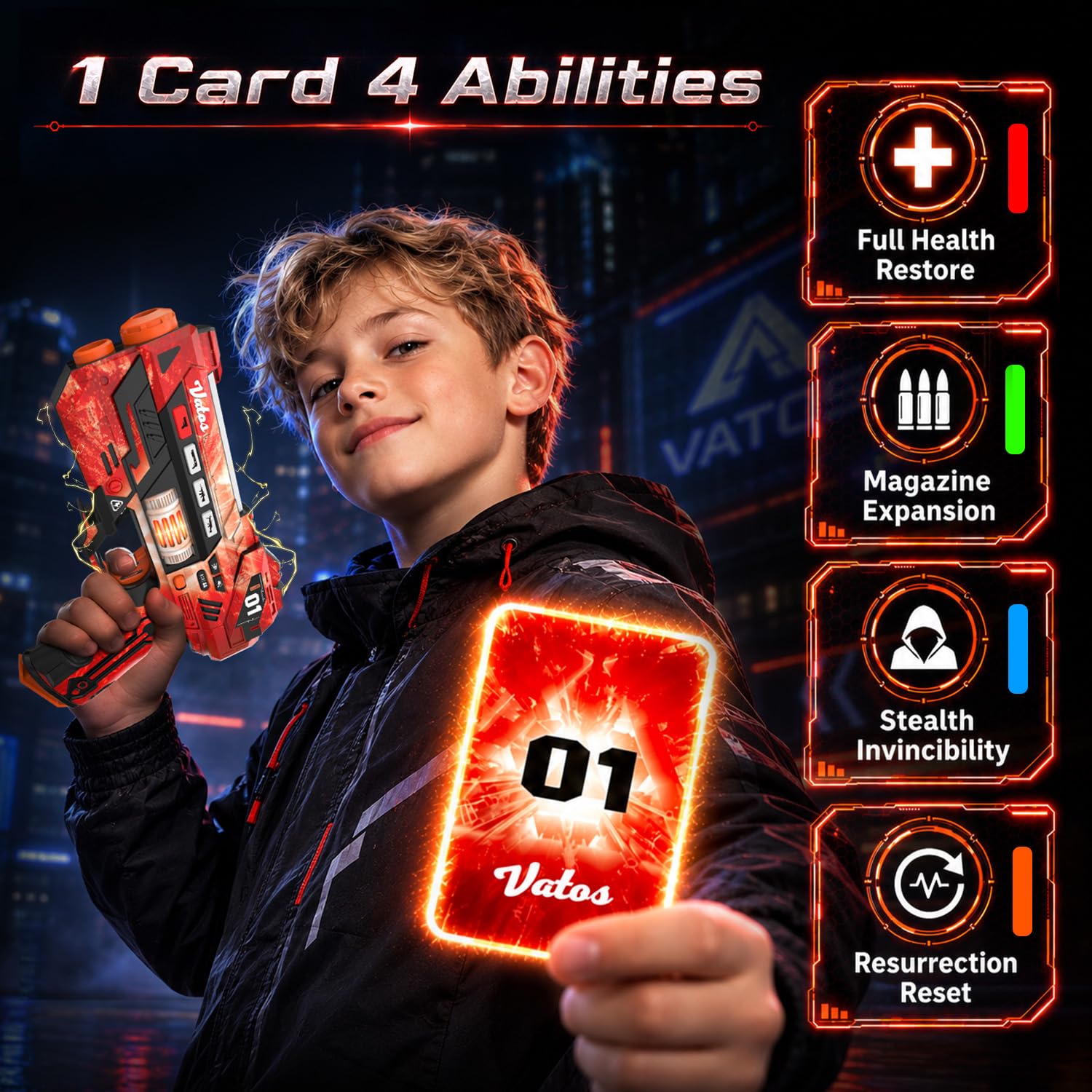 VATOS Set Laser Tag Rechargeable avec Base de Charge et Cartes Énergie, 4 Pistolets Laser avec Écran LCD et Synchronisation 2,4 GHz, Jeu Laser Intérieur/Extérieur pour Enfants, Ados et Famille