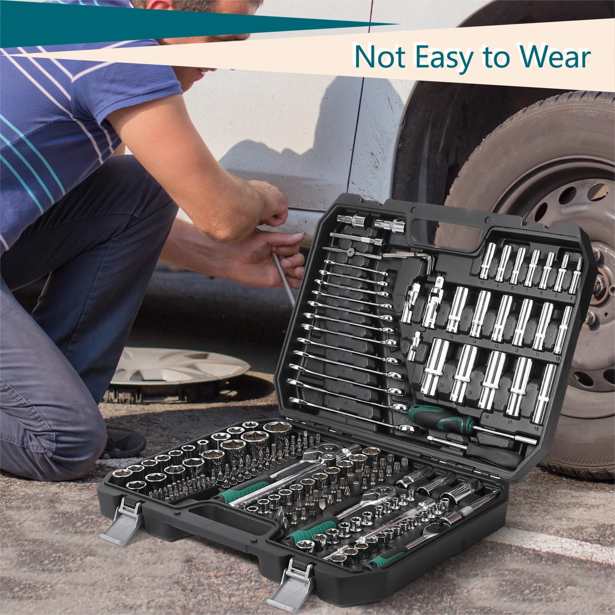 Zestaw kluczy nasadowych z grzechotką, narzędzia DIY, 216-częściowy zestaw narzędzi mechanicznych z wytrzymałą zorganizowaną walizką, 1/10.2 cm, 3/20.3 cm i 1/5.1 cm zestaw gniazd napędowych do