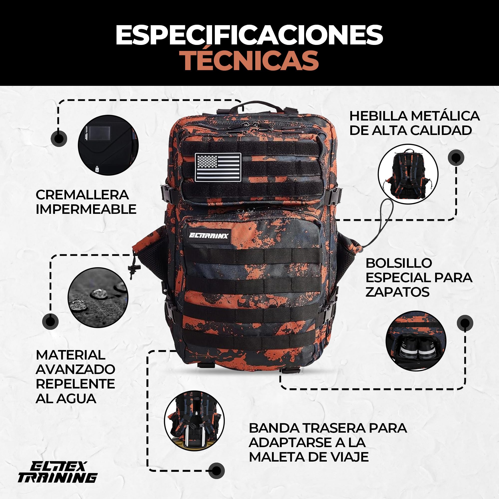 ELITRAINX Mochila 45L Táctica Militar USA Impermeable Deporte, Cabina Avión, CrossTraining, Aire Libre Deportes Gimnasio Portatil by ELITEX TRAINING (Marte) — view 2
