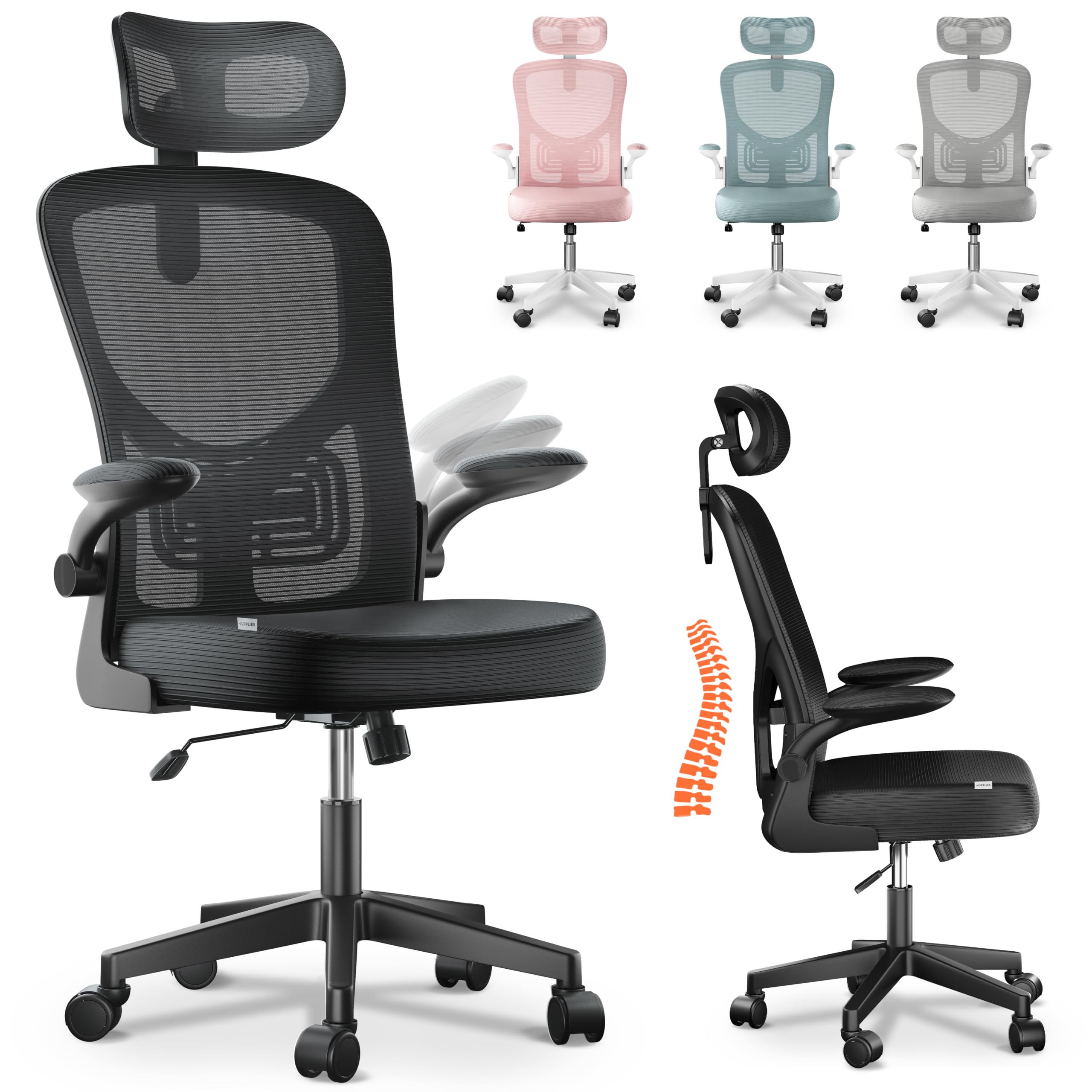 JUPPLIES Sedia da Ufficio Ergonomica Reclinabile con Braccioli e Poggiatesta Regolabili | Sedia da Scrivania con Supporto Lombare e Rete Traspirante | Poltrona da Ufficio