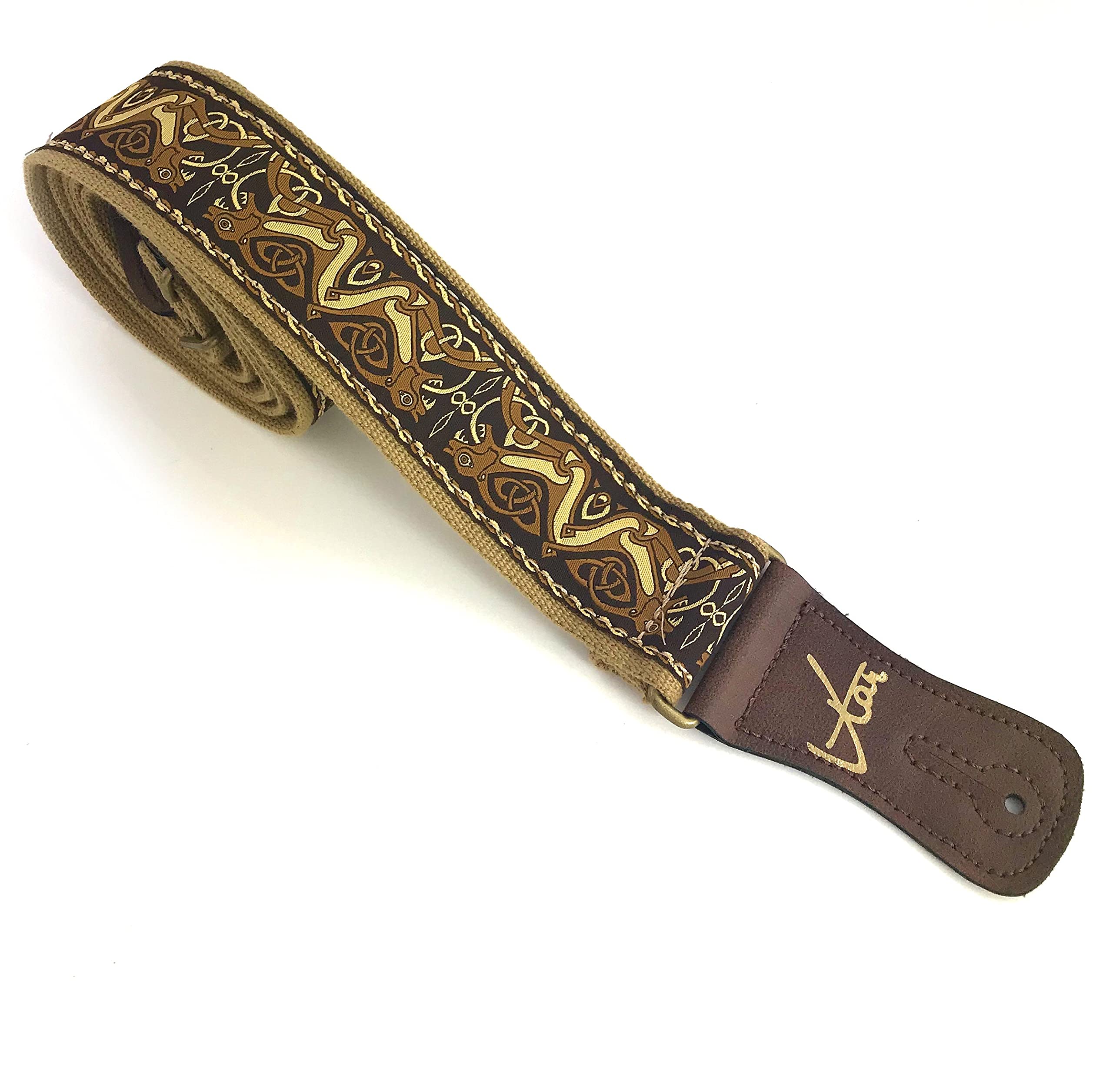 Vtar Handmade Irish Celtic Beast Brown Hemp Guitar Strap, Made with Brown Vegan Leather & Antique Brass Details Acoustic, Bass and Electric