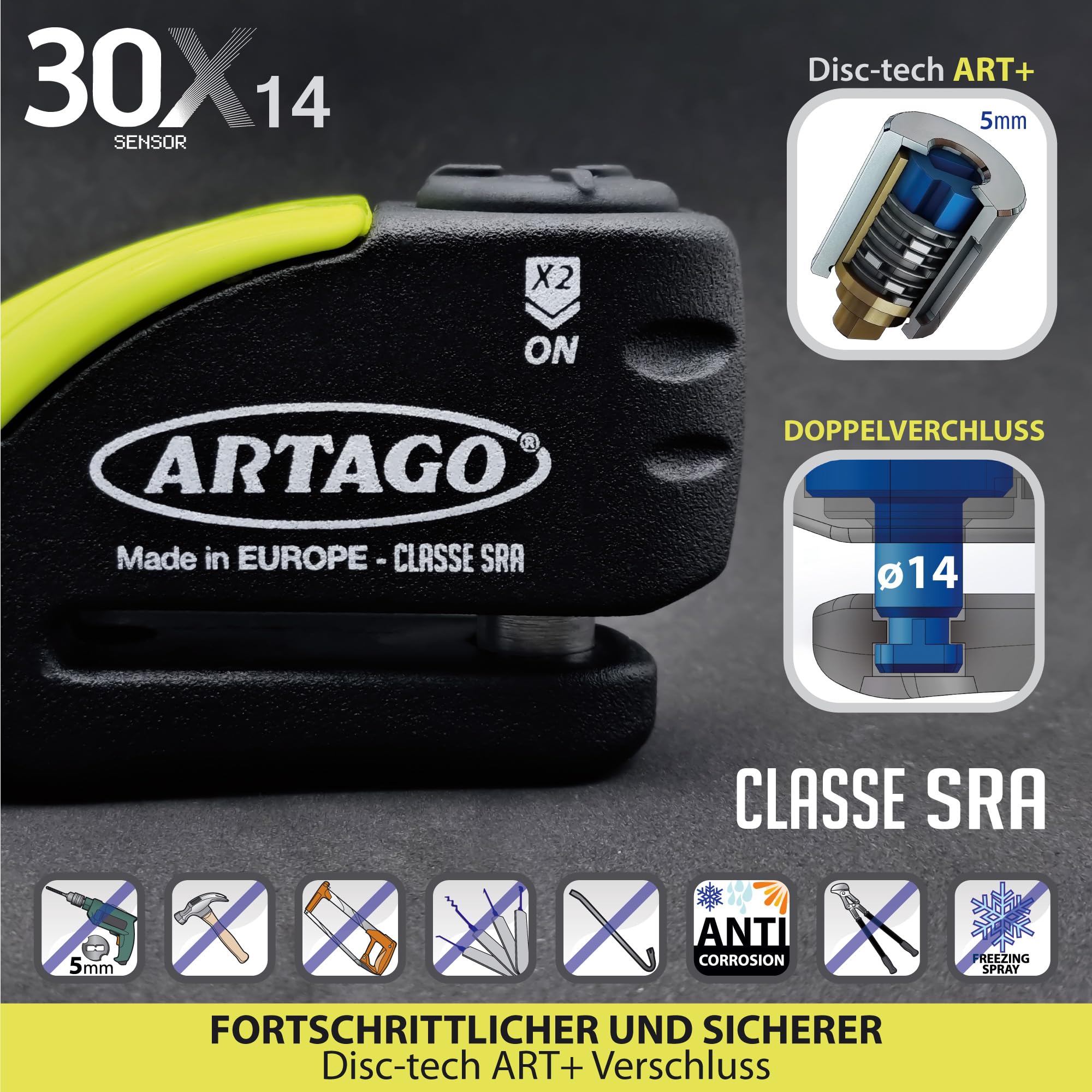 Artago 30X14 Motorradschloss Bremsscheibenschloss Alarm Don't Touch 120 dB hochwertig, ø14 Doppelverriegelung, Sold Secure Gold SRA homologiert, Bunker Selection, Schwarz/Gelb, 14 mm