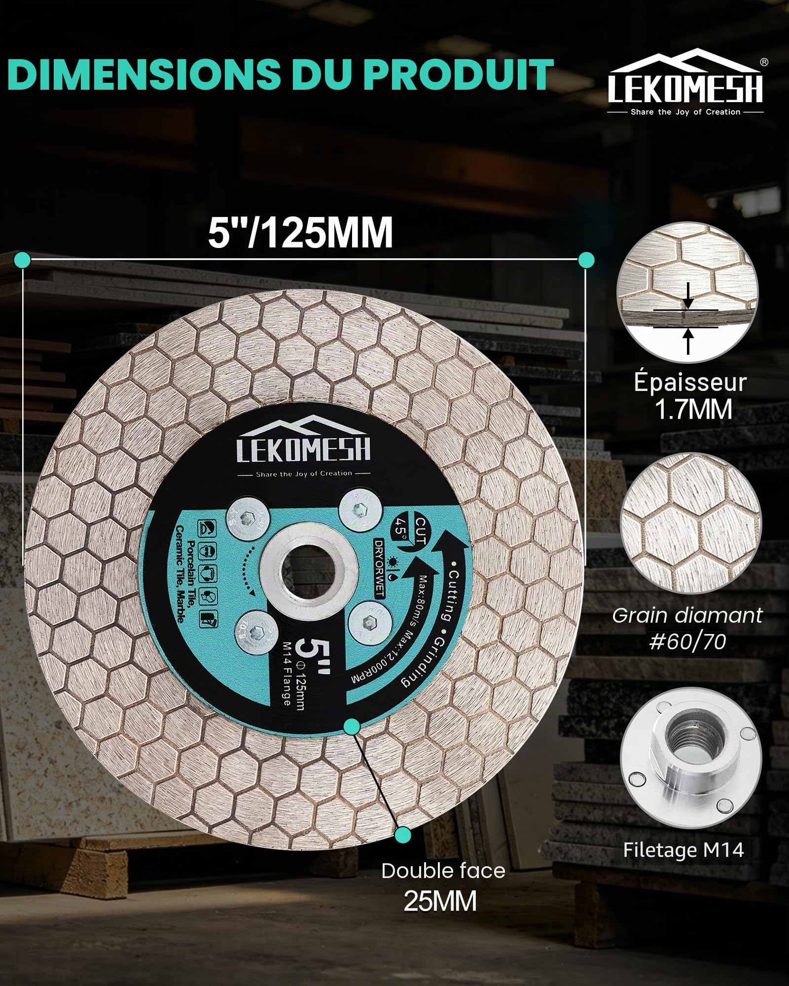 Disque Diamant Carrelage 125mm LEKOMESH - Lame de Scie Diamant Extra Fin Lame Diamantée à Tronçonner Ceramique,Tuiles,Marbre,Granit,Pierre Artificielle,Filetage M14