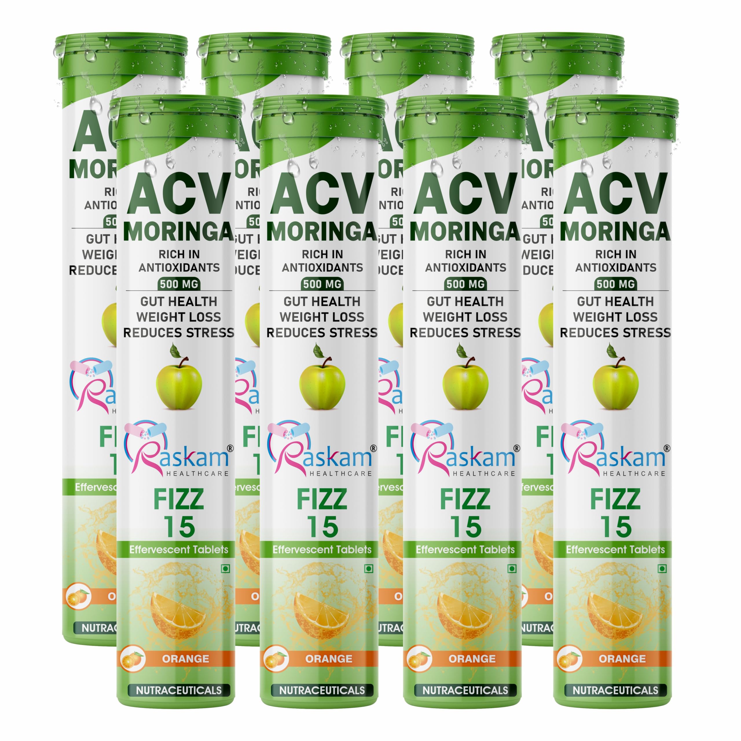 HEALTHCARE ACV Moringa 15 Effervescent Tablets 500mg Apple Cider Vinegar With No Added Sugar For Gut Health | Weight Loss | (Pack of 8, Orange)