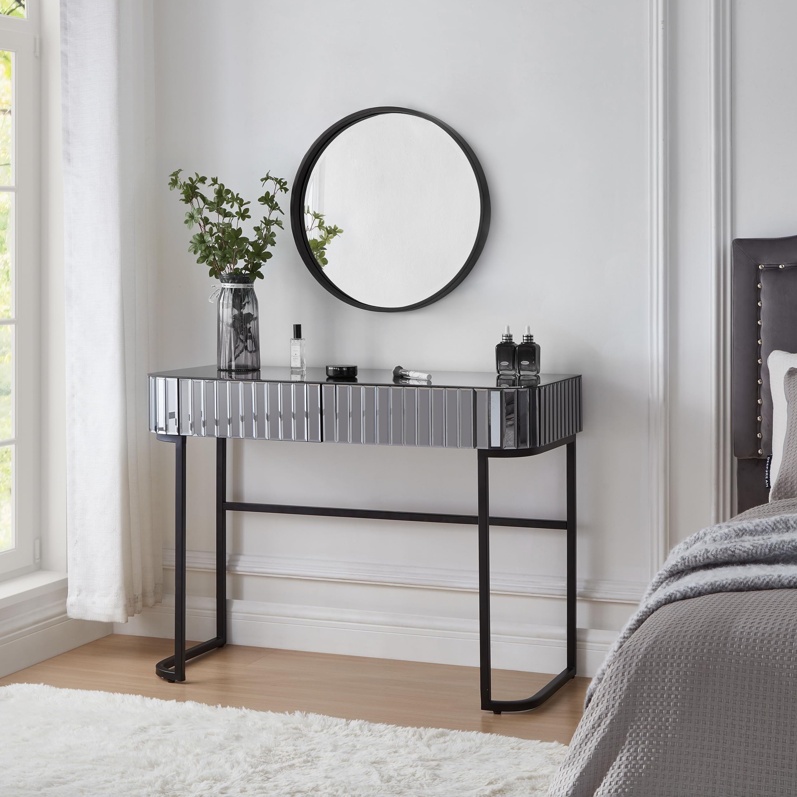 Modern Vanity Table, 39" Mirrored Makeup Vanity Table with Stainless Steel Base, Mirrored Console Dressing Table with 2 Drawers, Versatile Desk for Bedroom and Office (Gray/109)