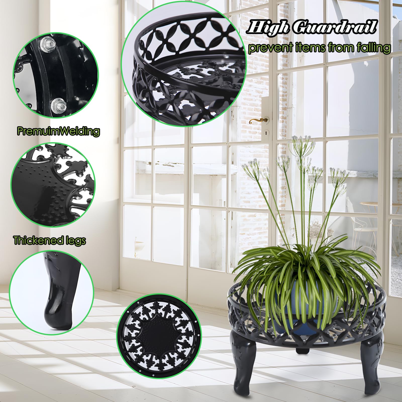 Santentre 2 Pack Black Metal Plant Stand for Indoor and Outdoor Use Anti-Rust Round Flower Shelf, Display Shelves for Garden and Patio - Image 2