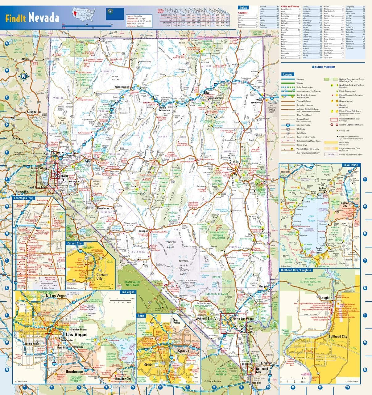 Globe Turner Nevada State Wall Map - 16.75" x 17.75" Rolled Canvas
