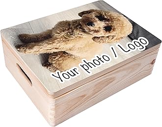 Personalized Wooden Storage Box Photo Box | 15.8x11.8x5.5in (+-0.5) | Hinged Lid, Handles & Engraving | Photo or Logo | Unpainted Gift Box | UNSANDED Keepsake Memory Souvenir Chest