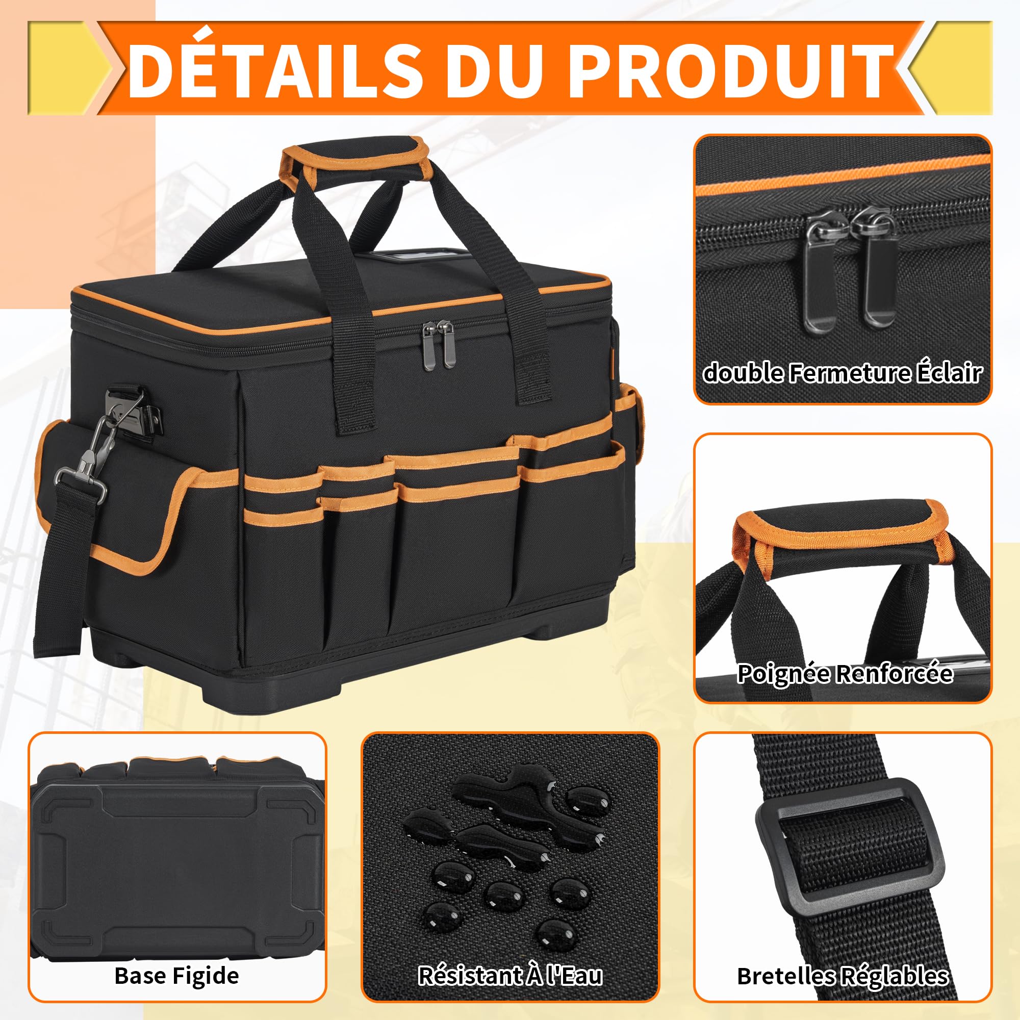 40,5x28x22,5CM Sac à Outils avec 26 Poches et Grande Capacité, Sac de Rangement pour Outils avec Bretelles réglables, Double Fermeture Éclair, Base Rigide Imperméable