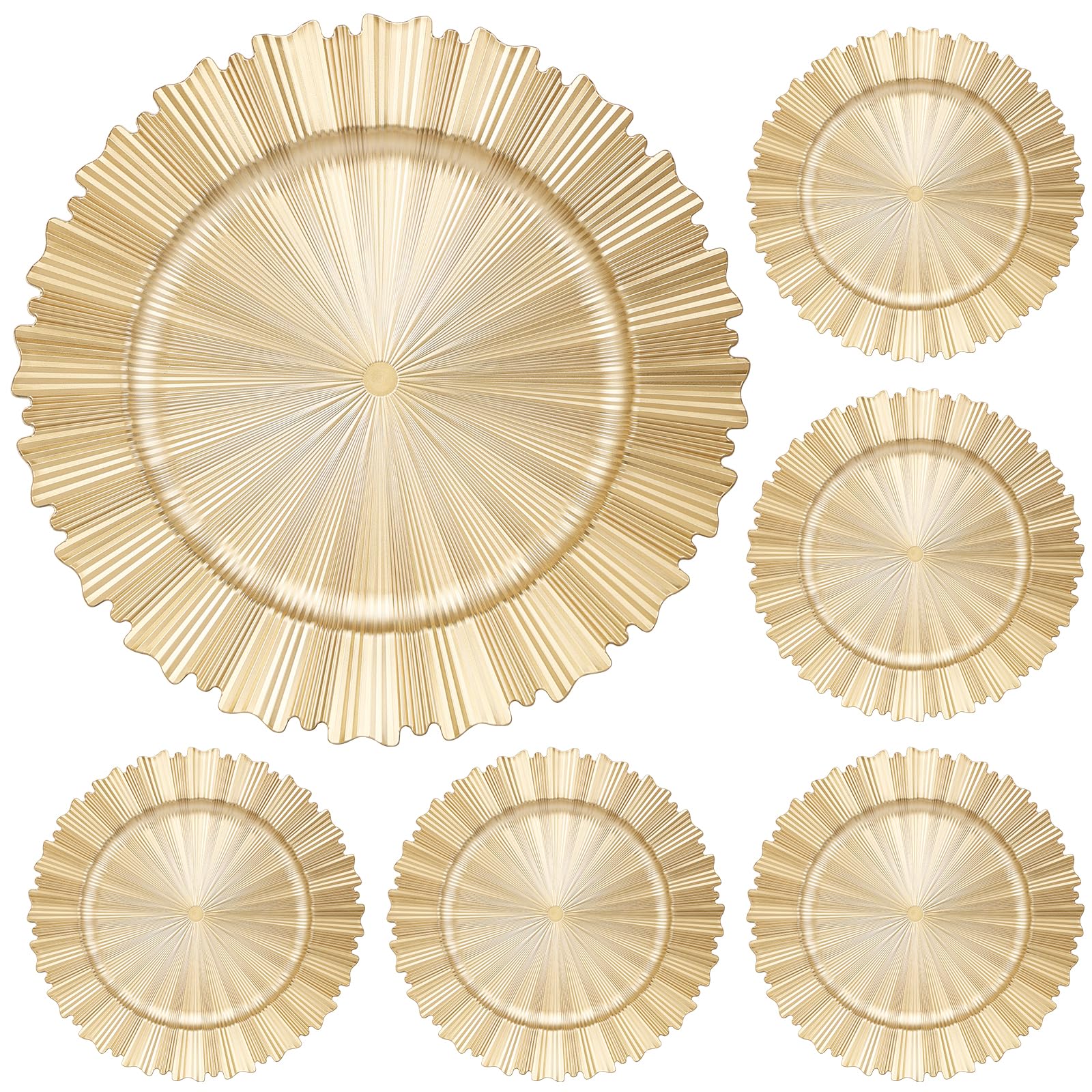 6 platos de carga dorados, 13 pulgadas, elegantes platos de plástico con borde estriado, cargadores de mesa reutilizables para cena, cumpleaños, boda, fiesta, despedida de soltera, vajilla de