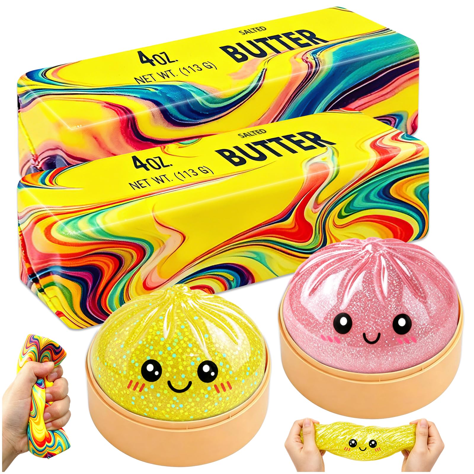 KutaKuta 4 PCS Glitter Squishy Bao Dumpling + Rainbow Butter Squishy, Decompression Sensory Toys with Steamer Box, High Density Malt Sugar Filled Squishys, Squishys Fidget Toy for Adult, Kids, Office