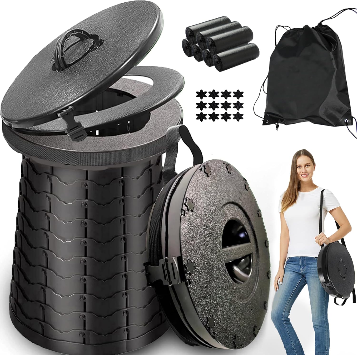 ALEVMOOM XXL Portable Toilet for Camping,880lbs Capacity,19.7" H Adjustable Portable Toilet with 7 Garbage Bags,Porta Potty for Adults,Collapsible Luggable Loo for Camping/Travel/Hiking/Car Black