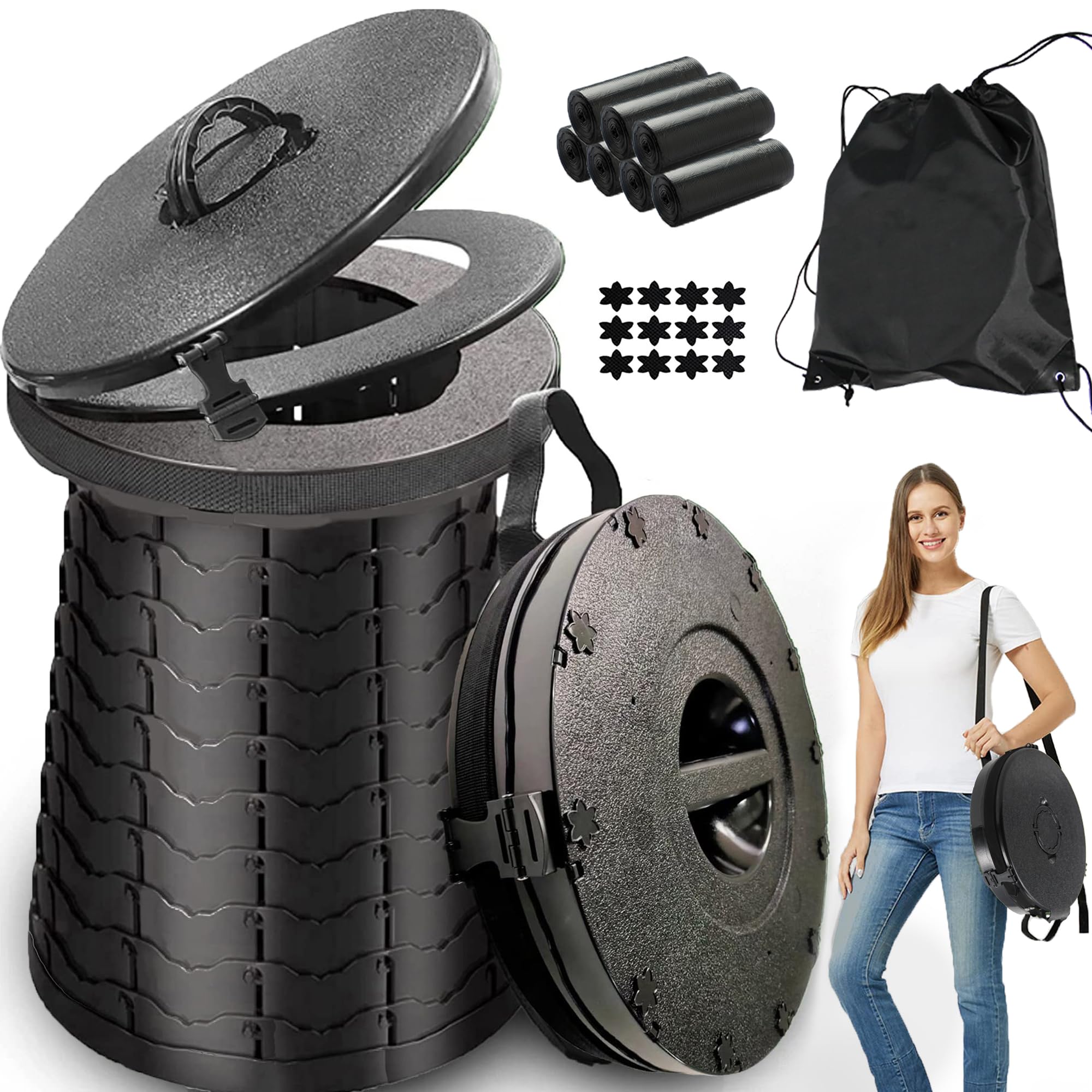 ALEVMOOM XXL Portable Toilet for Camping,880lbs Capacity,19.7"H Adjustable Outdoor Toilet with 7 Garbage Bags,Porta Potty for Adults,Collapsible Luggable Loo for Camping-‌Vert