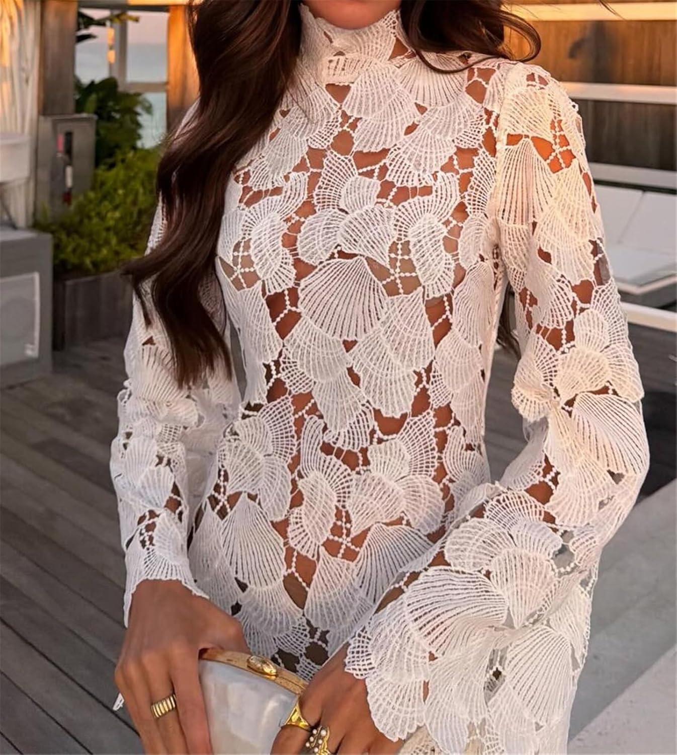 Womens Sexy Long Sleeve O Neck Lace Shell Bodycon Party Clubwear Dress