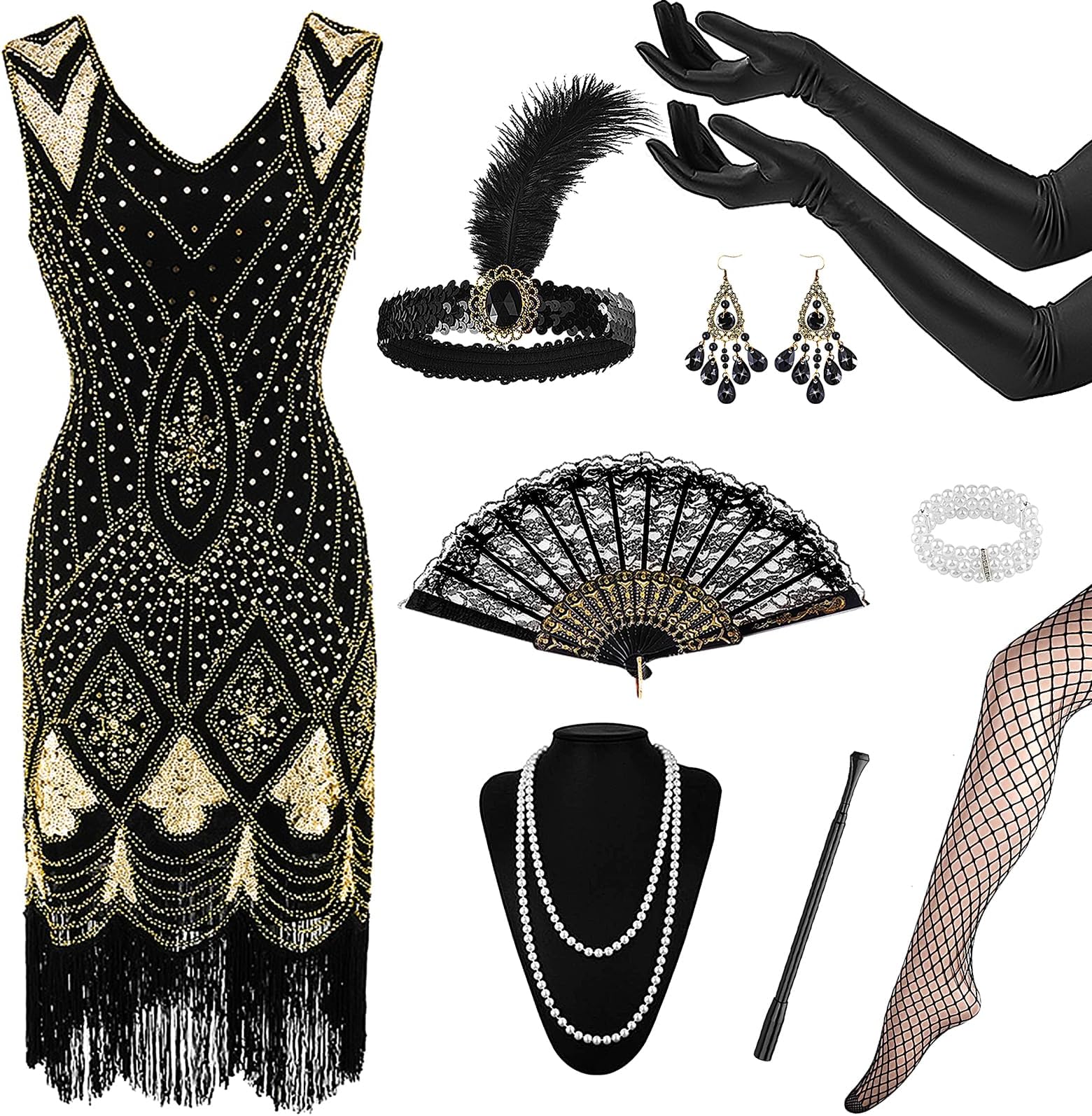 Okabay 1920s Flapper Dress & Accessories Set for Women, Great Gatsby Fringed Sequin Costume with Gloves/Socks/Headband/Jewellery for Roaring 20s Party