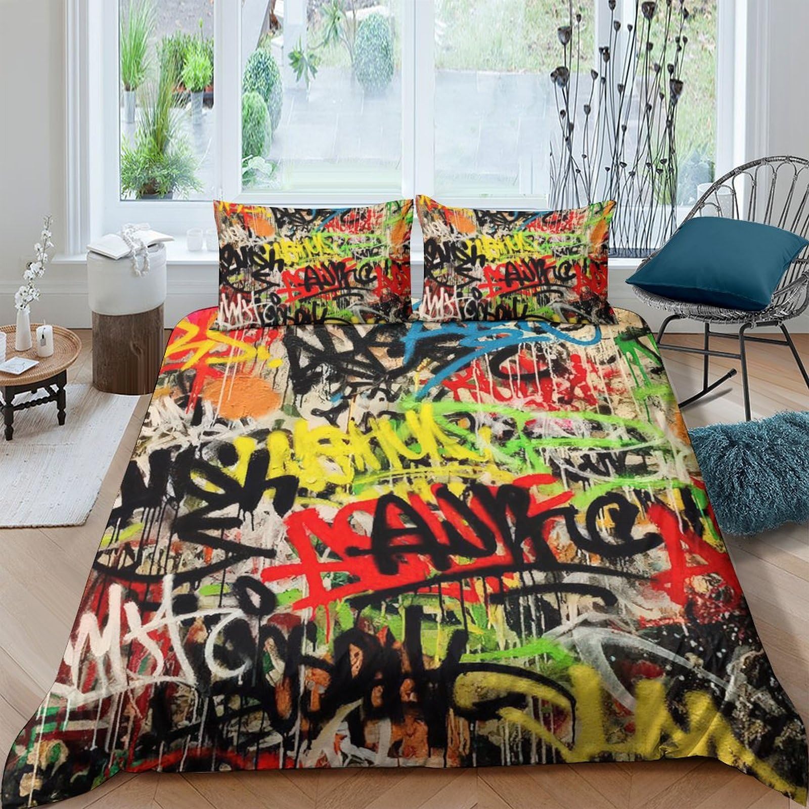3D Printed Graffiti Art Duvet Cover Microfiber Street Style Bedding Set with 2 Pillowcases Colorful Urban Decor Single（135x200cm）