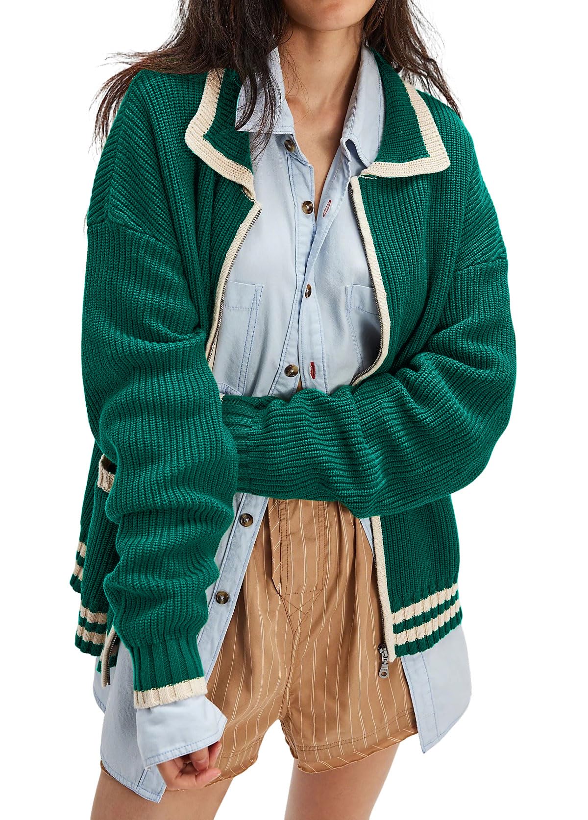 CHARTOU Casual Knit Zip Up Sweater for Women 2025 Fall Outfits Contrast Trim Open Front Cardigan Sweater Outwear