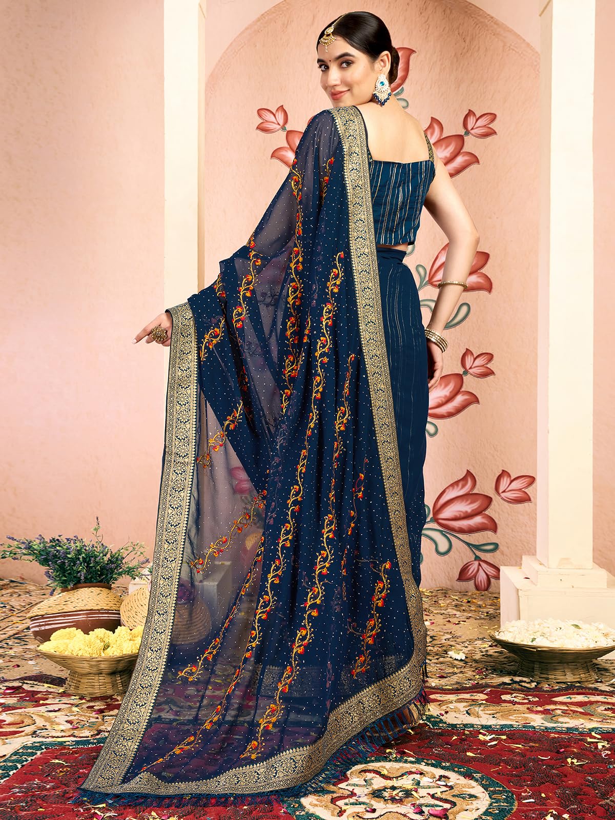 Satrani Women's Georgette Embroidery & Stone Work Saree With Unstitched Blouse Piece (4065S2827N_Rama Blue)