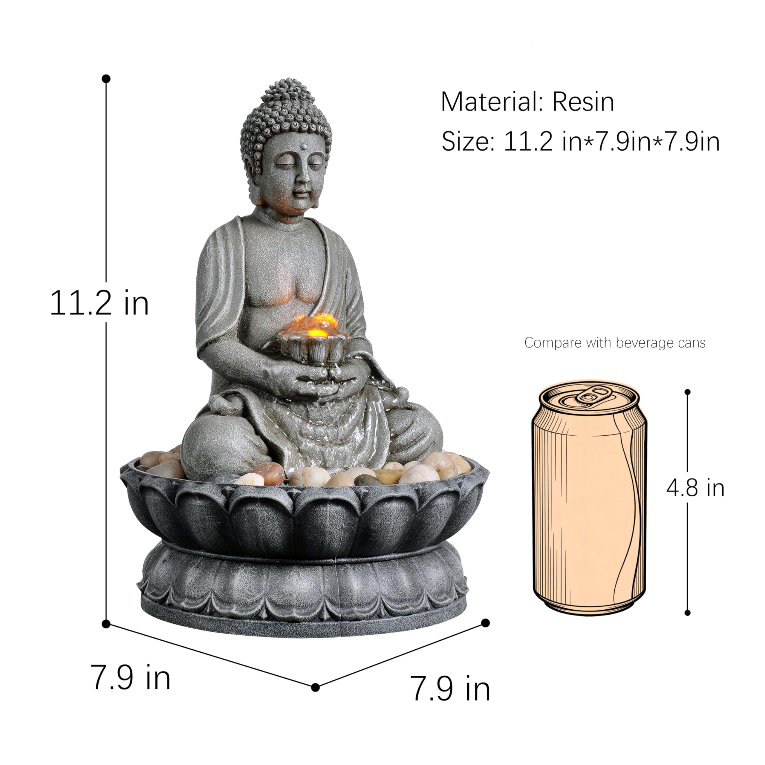 GOSSI Fuente de Buda de mesa para interiores de 11.2 pulgadas de alto con iluminación reflectante y base de adoquines, fuente de agua de escritorio Zen para decoración de oficina y hogar
