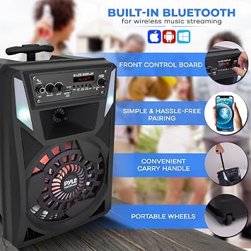 Pyle Portable Bluetooth PA Speaker - 300 W 8 Rechargeable Outdoor BT Karaoke Audio System - Multi-Color Party Lights, LED Display, FM/AUX/MP3/USB/SD, 6.5mm in - Wired Microphone, Remote Control