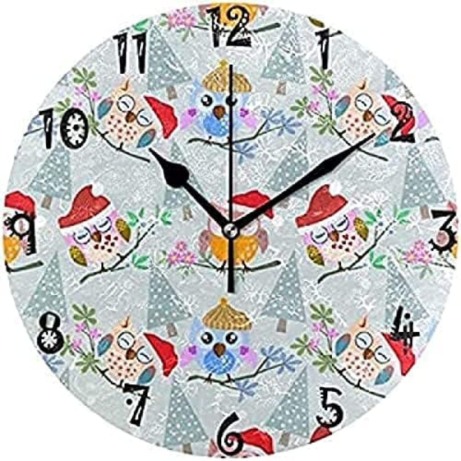 Horloge murale silencieuse à quartz hibou de Noël sans tic-tac