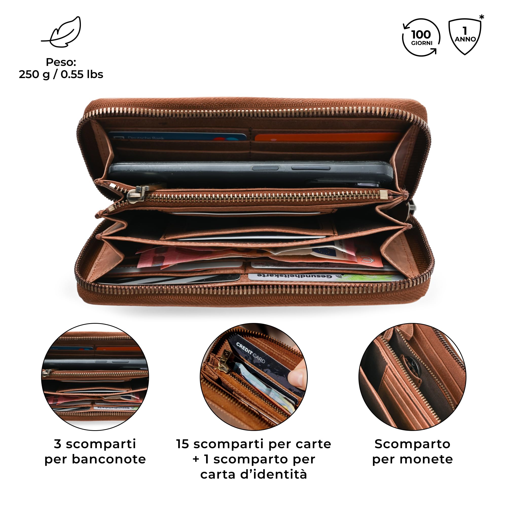 Berliner Bags Portafoglio Donna Lyon in Vera Pelle, Grande con Zip e Portamonete, Protezione RFID, 14 Carte