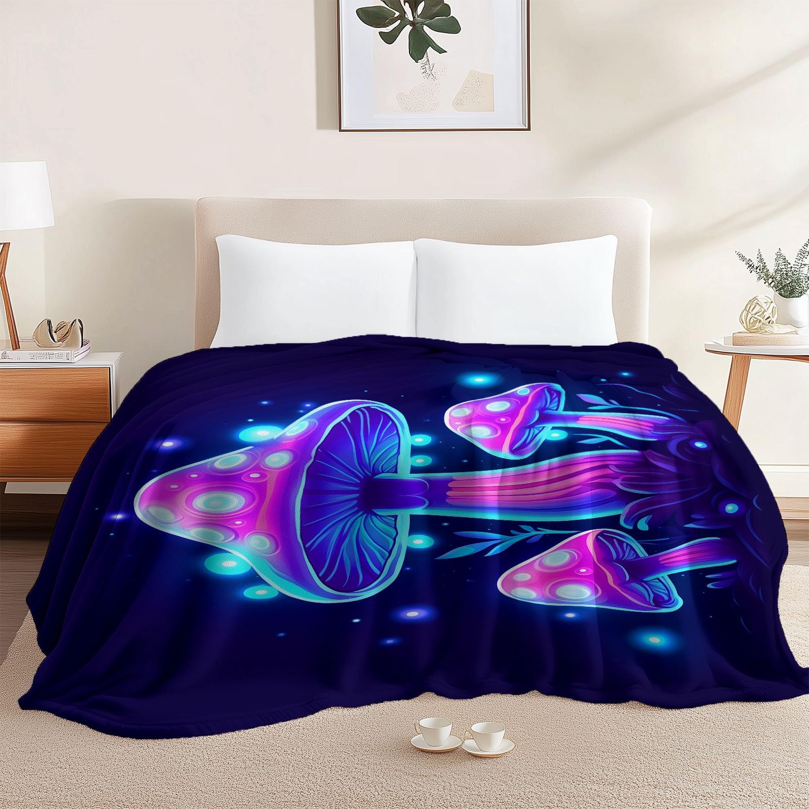 Generisch Przytulny koc dziecięcy 200 x 220 cm – fantazyjny nadruk z kreskówki grzybów, puszysty, dla chłopców i dziewczynek, ciemnofioletowy, miękki i wygodny, flanelowy koc dziecięcy na jesień i